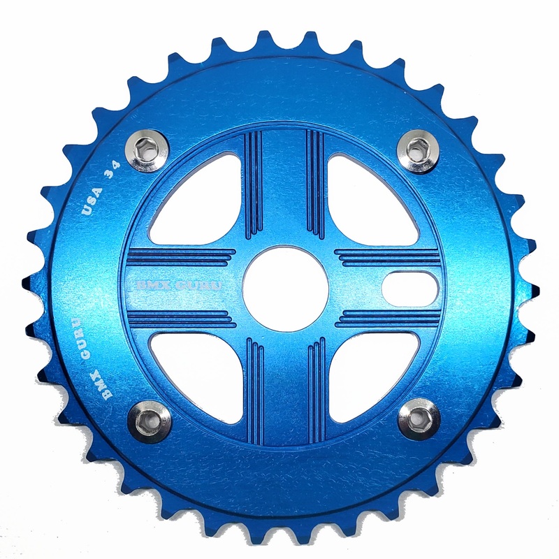 BMXGuru 34T Aluminum Spider & 4-bolt Chainring Combo – Blue over Blue – USA Made