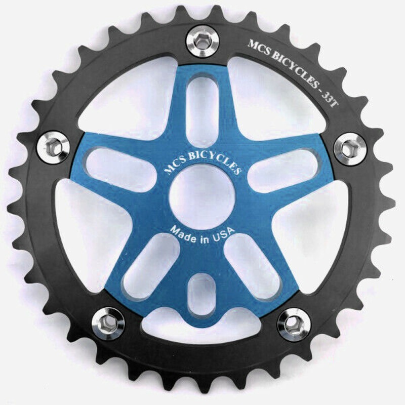 MCS BMX 33T Aluminum Spider & 5-bolt Chainring combo – Black over Blue – USA Made