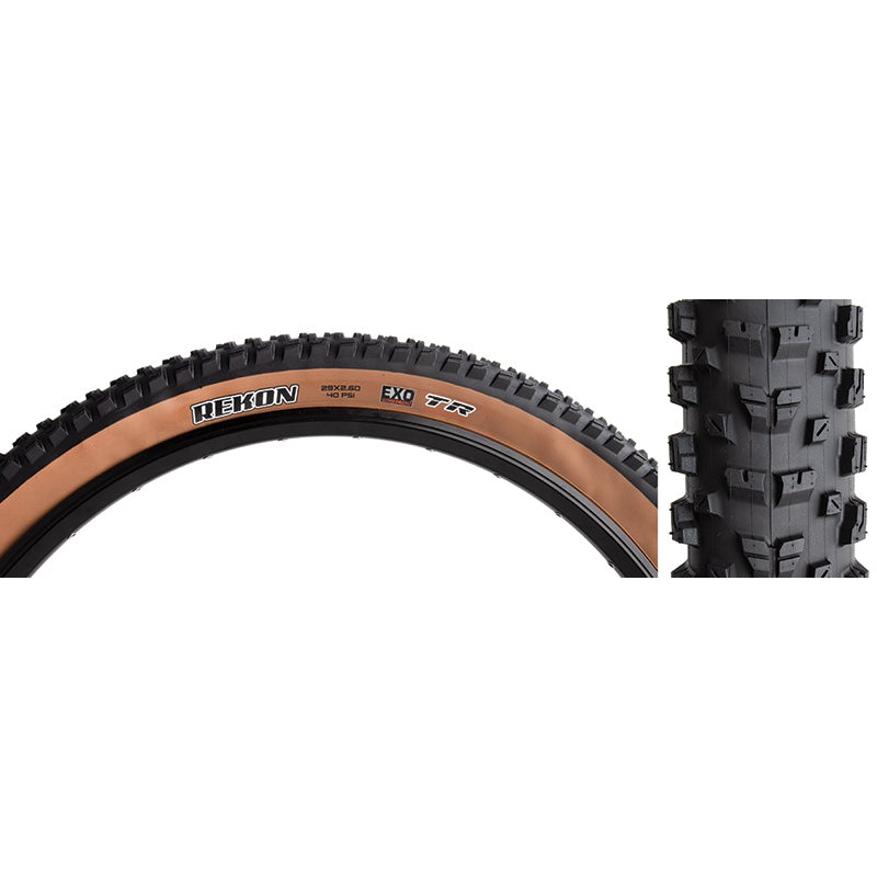Maxxis Rekon Tire – 29 x 2.6 Tubeless Folding BLK/Dark Tan Dual EXO Wide Trail