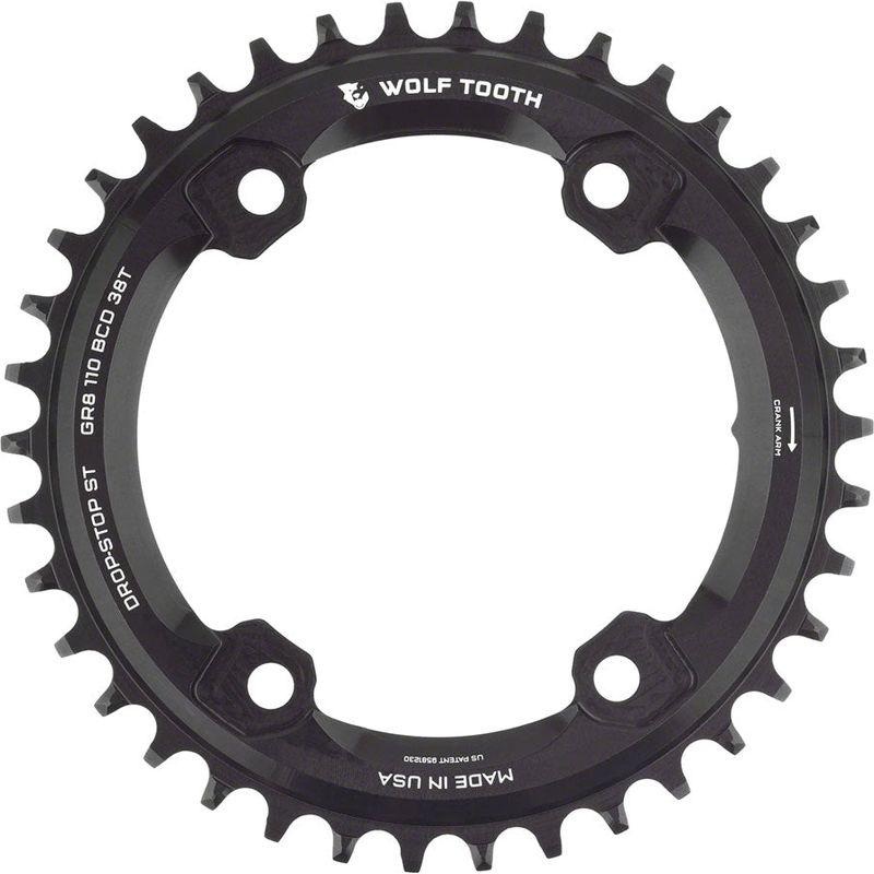Wolf Tooth Shimano 110 Asymmetric BCD Chainring – 38t 110 Asymmetric BCD 4-Bolt Drop-Stop ST For Shimano GRX Cranks Black