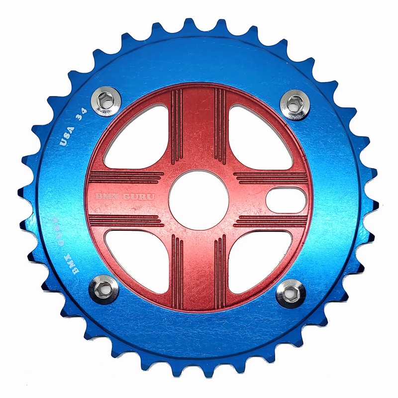 BMXGuru 34T Aluminum Spider & 4-bolt Chainring Combo – Blue over Red – USA Made