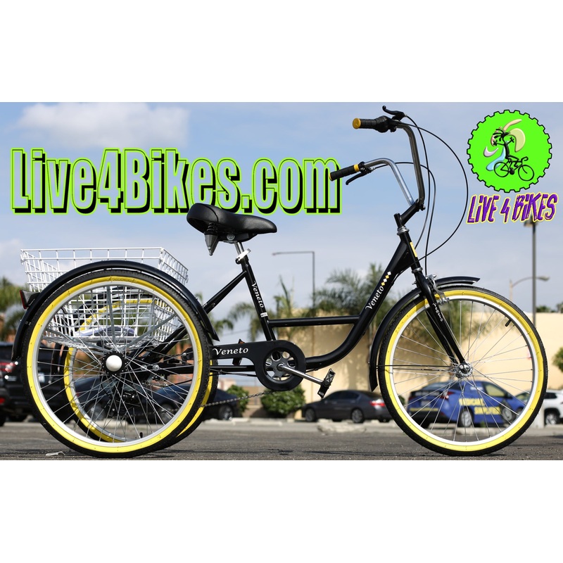 Trike Tricycle 3 wheeler Black Balance Bike Bicycle adult 24 in 7 speed Basket Special needs bicycle