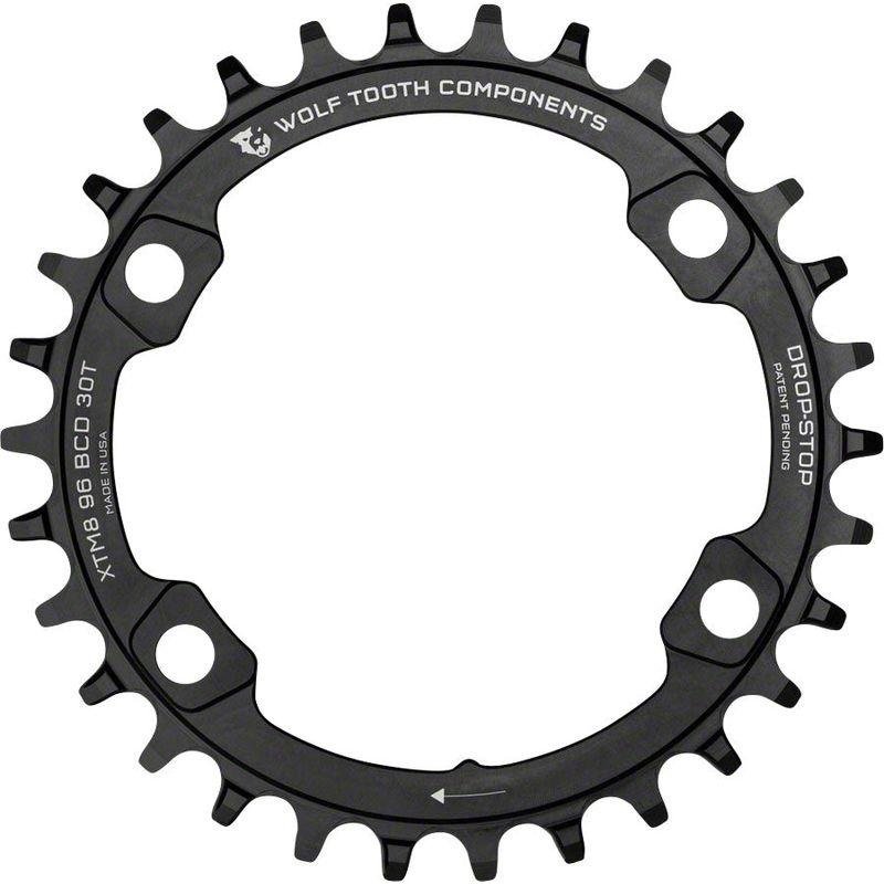 Wolf Tooth 96 BCD Chainring – 30t 96 Asymmetric BCD 4-Bolt Drop-Stop For Shimano XT M8000 and SLX M7000 Cranks Black