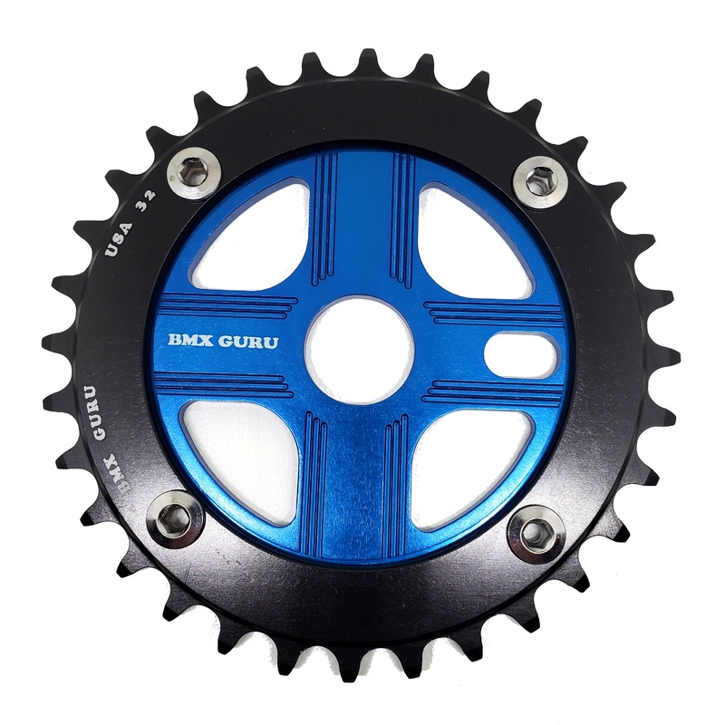 BMXGuru 32T Aluminum Spider & 4-bolt Chainring Combo – Black over Blue – USA Made