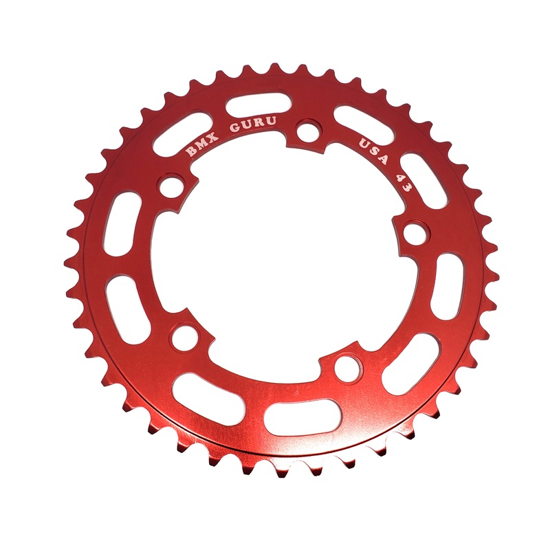 BMXGuru 43t BMX Chainring – Red – 110mm 5-bolt – USA Made
