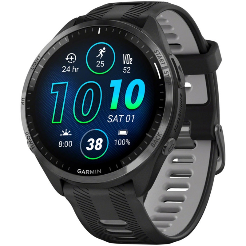 Garmin Forerunner 965 Carbon Gray DLC Titanium Bezel with Black Case and Black/Powder Gray Silicone Band